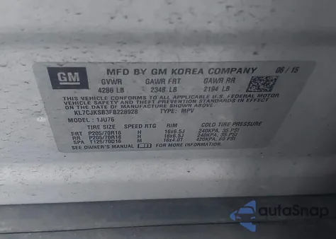 2015 Chevrolet Trax 1Ls z USA, uszkodzony, nr VIN KL7CJKSB3FB228928